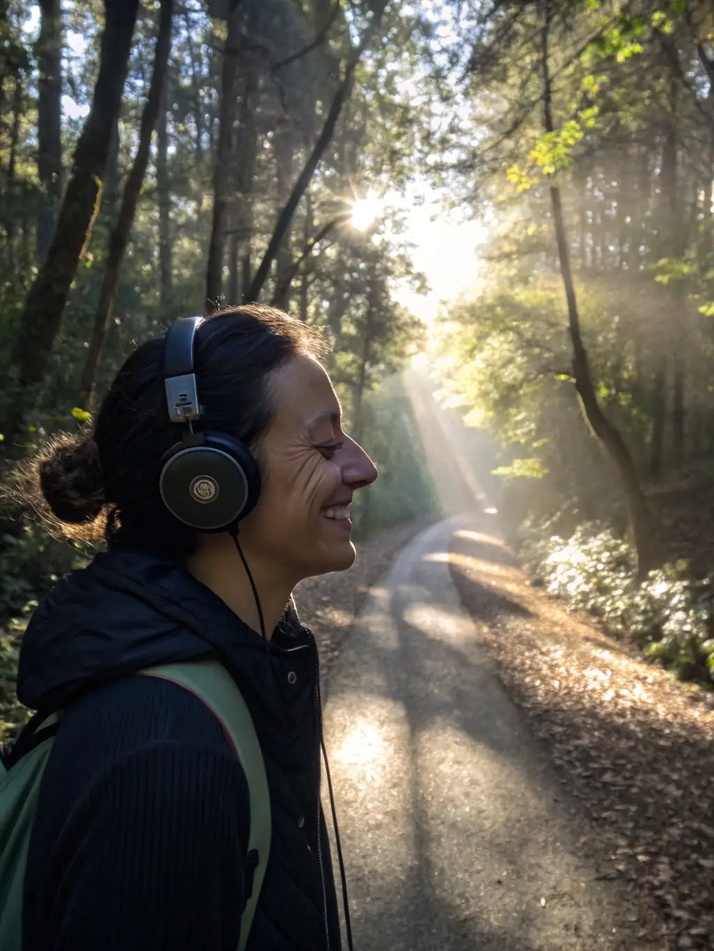 A person listening to a podcast on wound care while walking in a park, symbolizing accessible learning on the go.